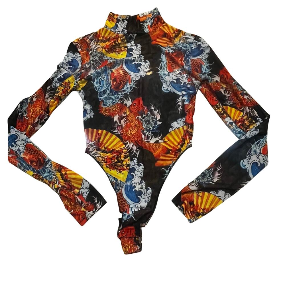 PrettyLittleThing Dragon Koi Mesh Bodysuit High Neck‎ Sheer Long Sleeve Women 4